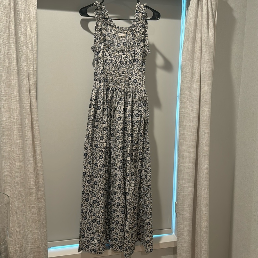 Doen Floral Printed Midi Dress Cotton Smocked Ruffle Sleeveless XS